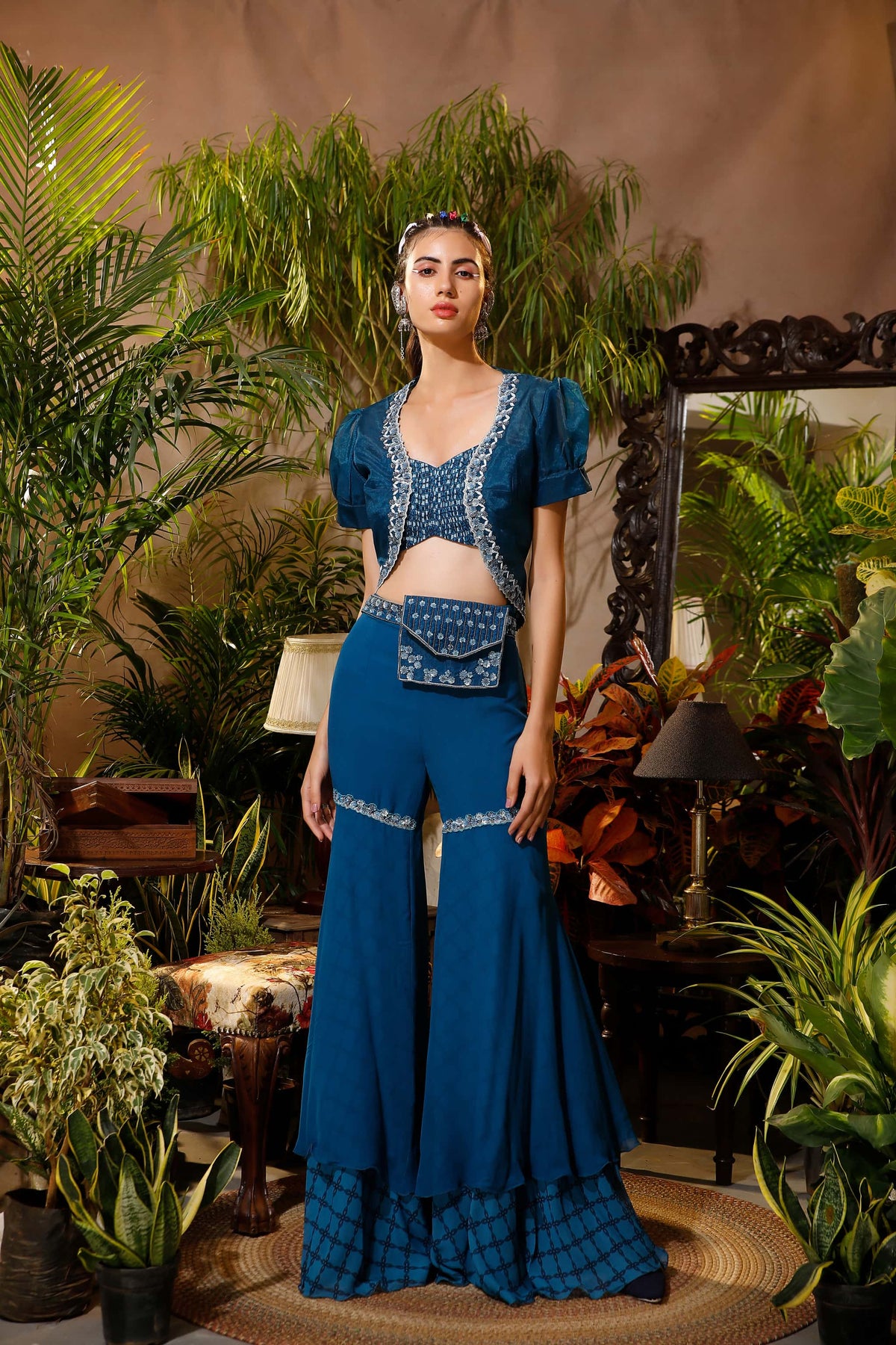 Lite pista green readymade suit with mirror embroidered croptop,sharara  pants & mirror embroidery bell sleeve long shrug
